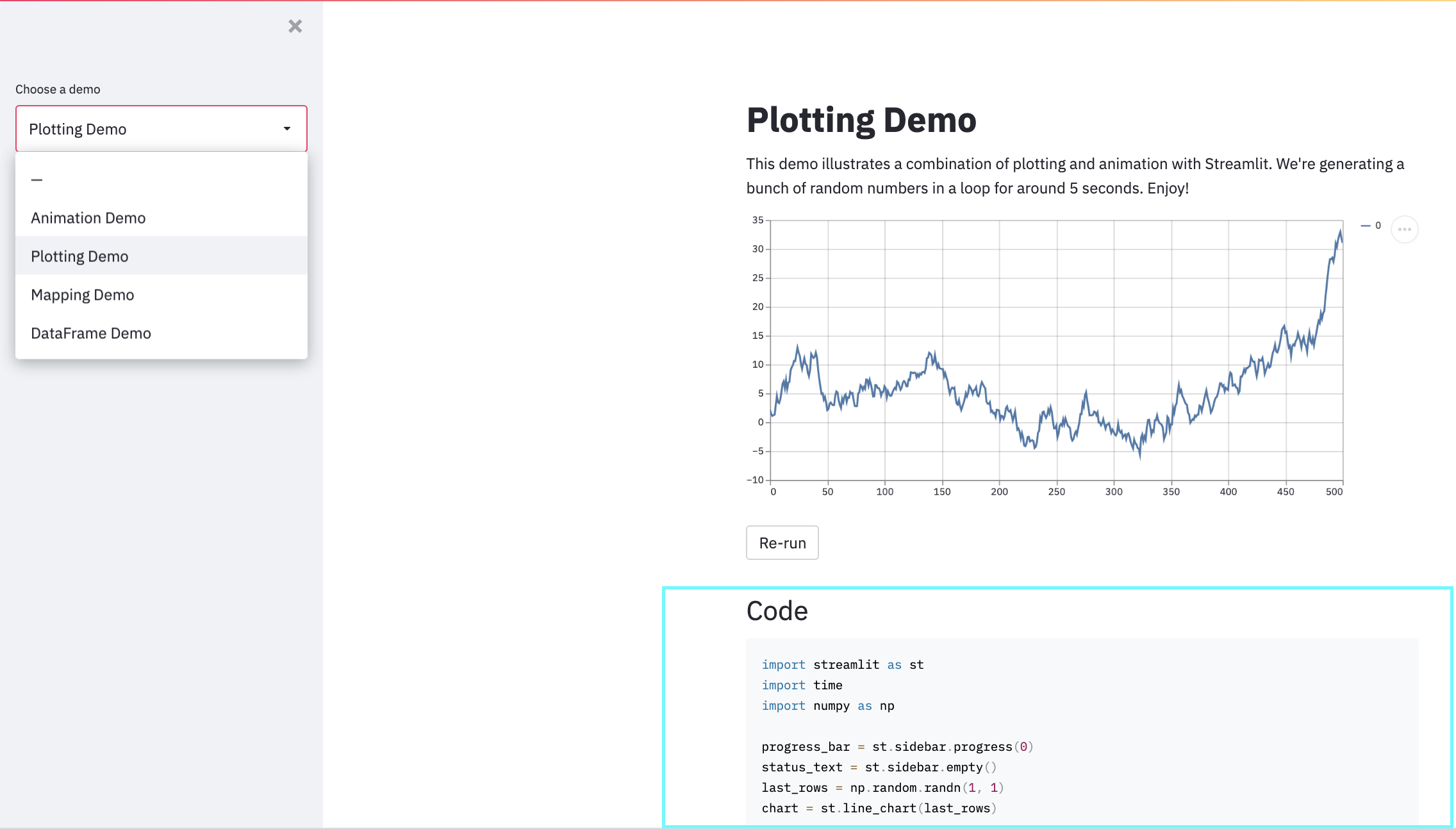 The Streamlit demo apps running locally in a browser