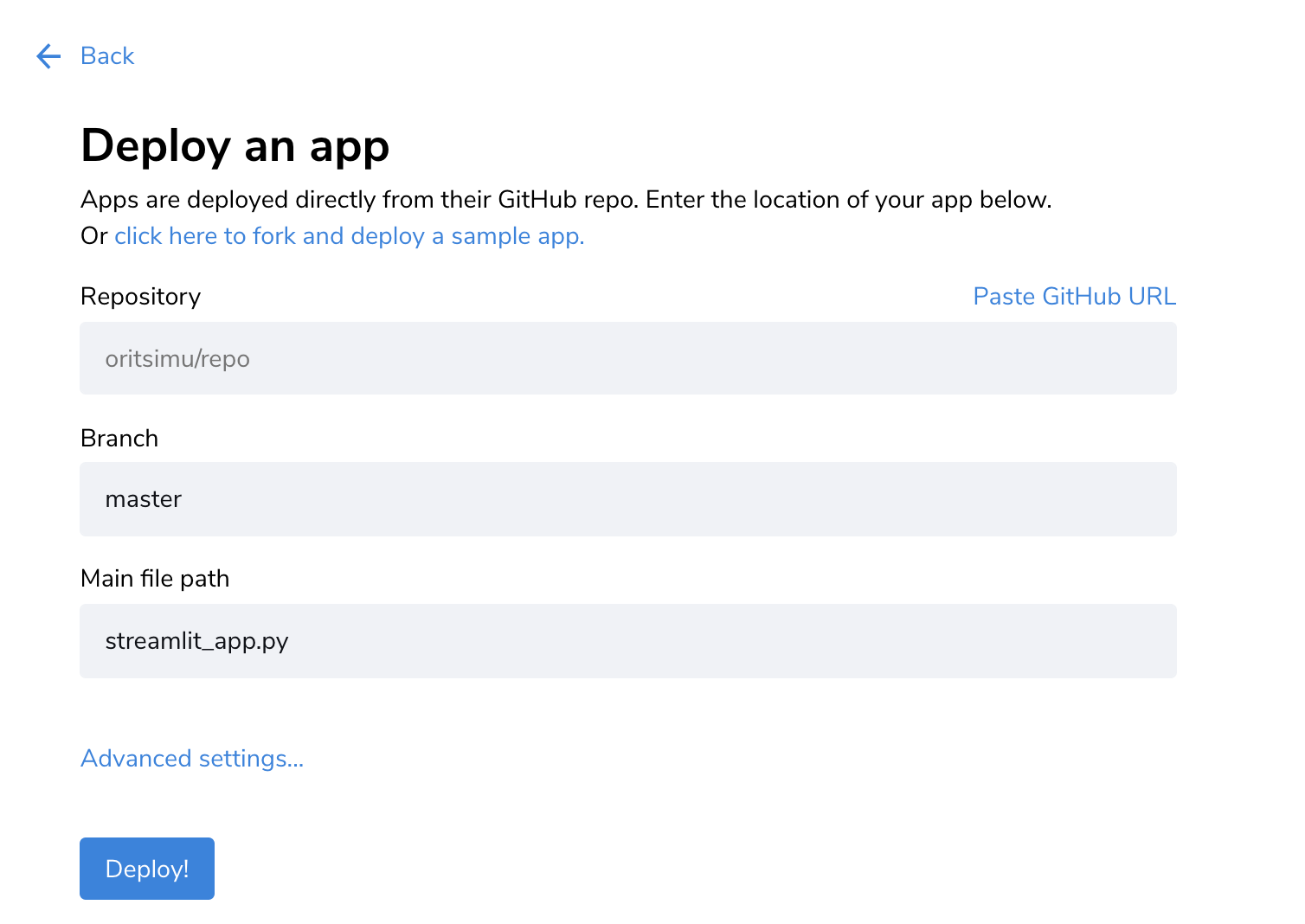 Deploying a Streamlit app from a GitHub repo