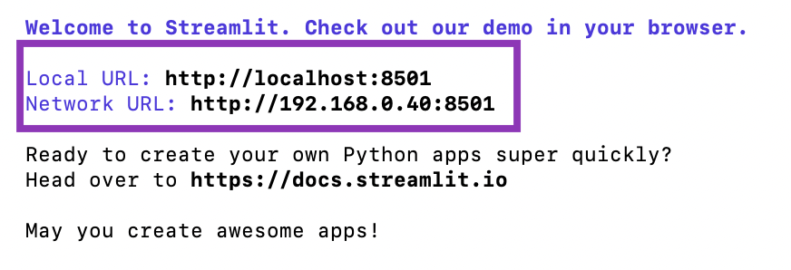 The Streamlit hello command running in a terminal window