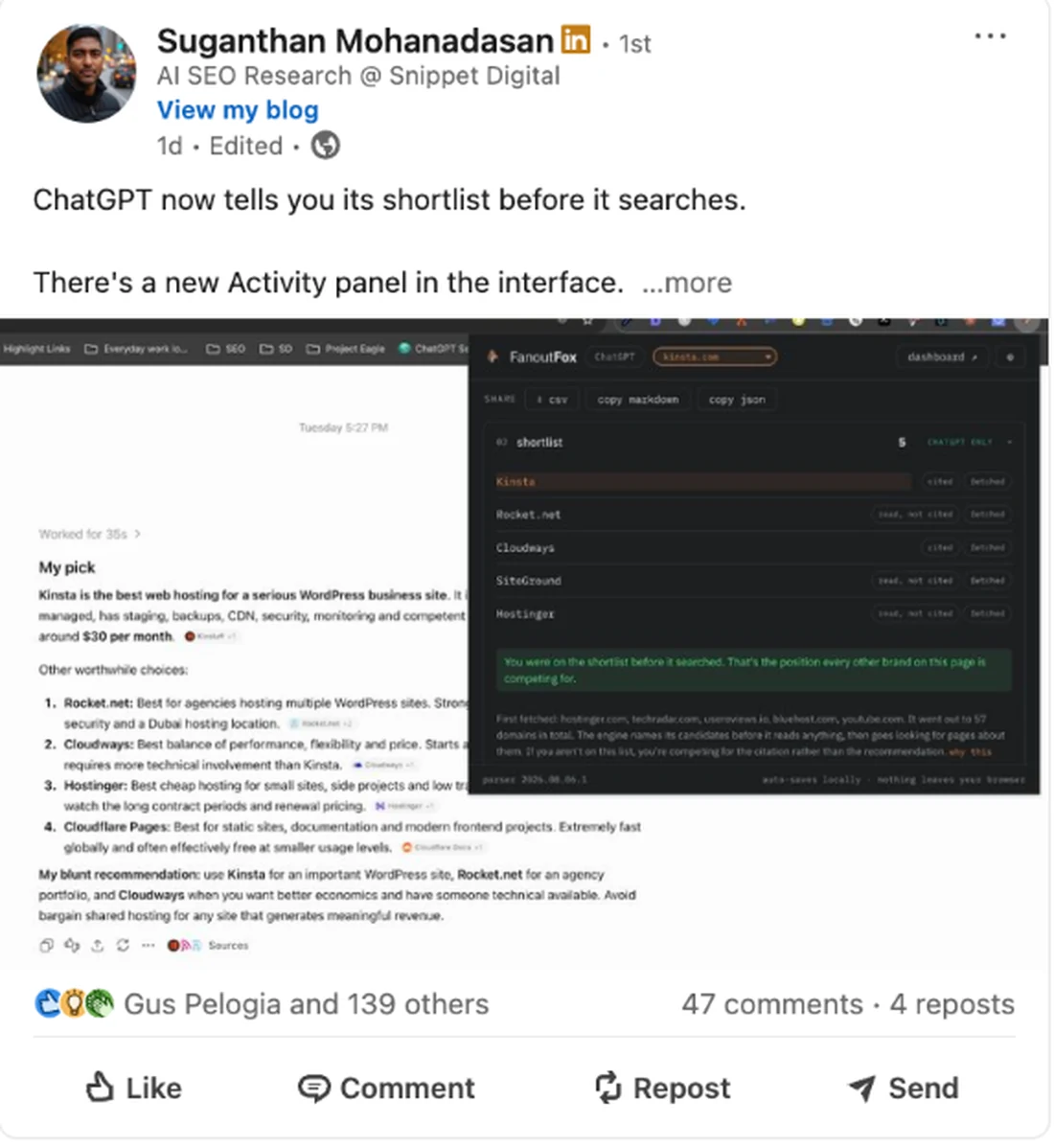 Suganthan Mohanadasan LinkedIn post showing ChatGPT's new Activity panel revealing its shortlist before it searches, viewed in his FanoutFox extension