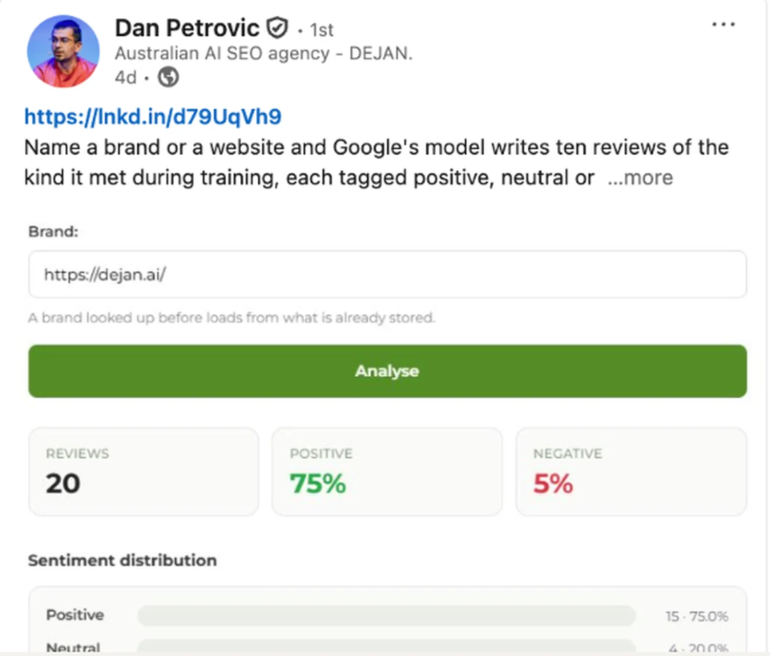 Dan Petrovic LinkedIn post sharing a free tool that surfaces the reviews Google's model wrote about a brand during training, with sentiment breakdown