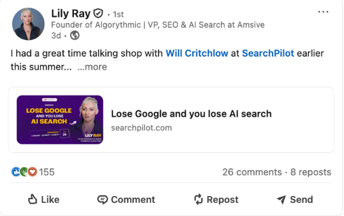 Lily Ray LinkedIn post sharing her SearchPilot talk, lose Google and you lose AI search