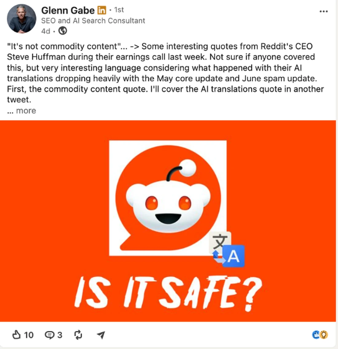 Glenn Gabe LinkedIn post analysing Reddit CEO comments on commodity content against the May core update and June spam update