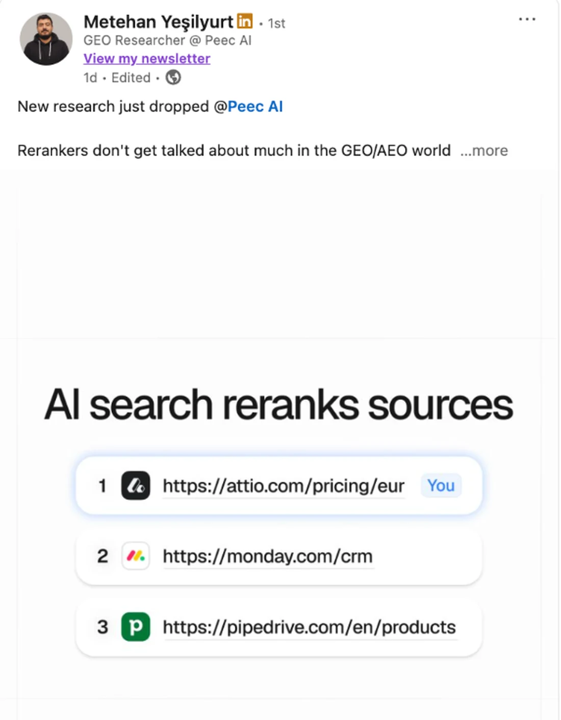 Metehan Yesilyurt LinkedIn post announcing Peec AI research on how rerankers reorder sources in AI search