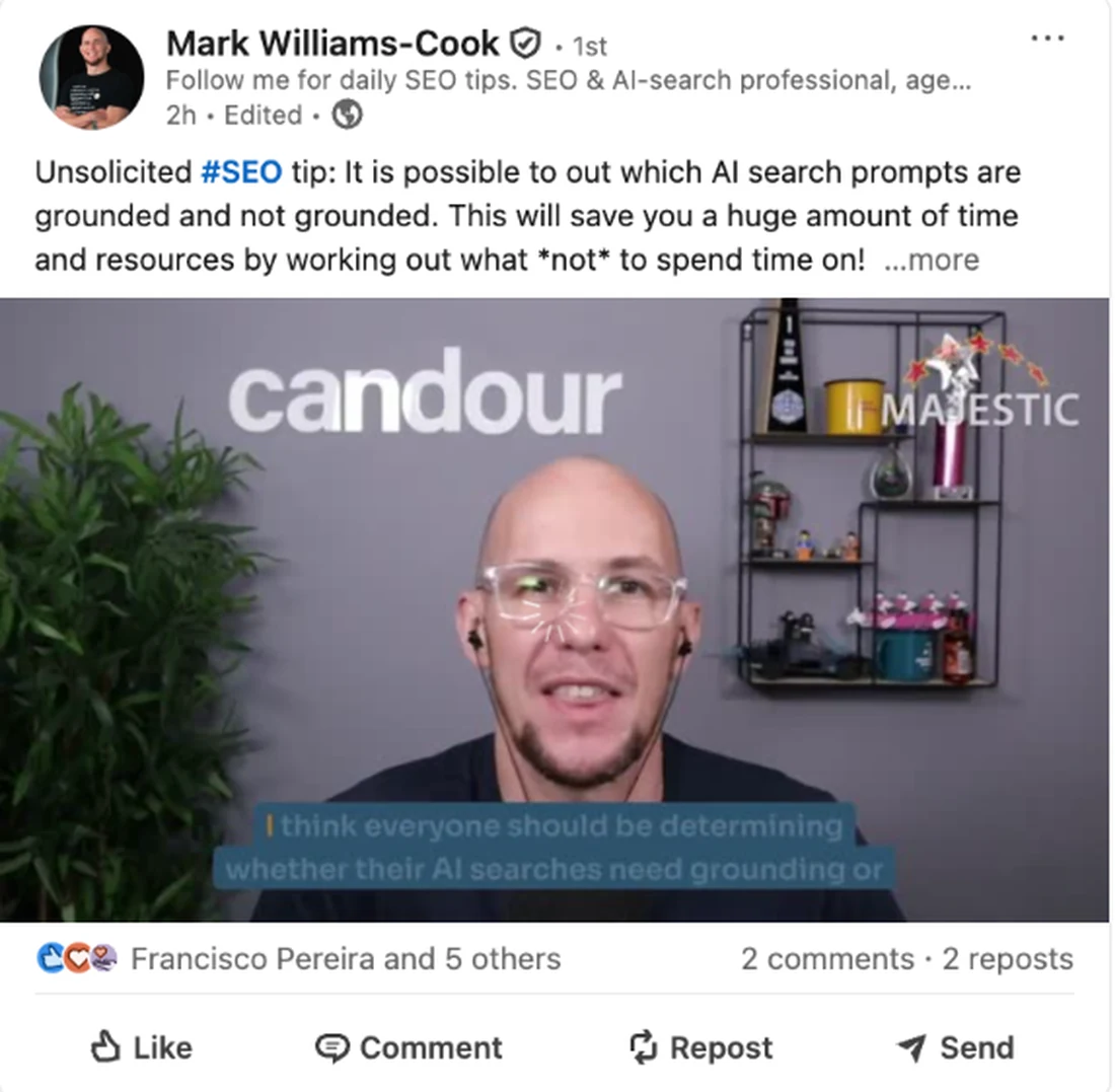 Mark Williams-Cook LinkedIn post explaining how to work out which AI search prompts are grounded