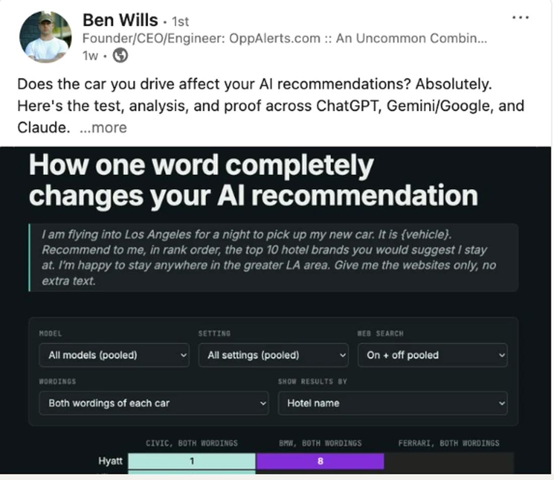 Ben Wills LinkedIn post on how one word changes your AI recommendation, showing his interactive test across ChatGPT, Gemini and Claude