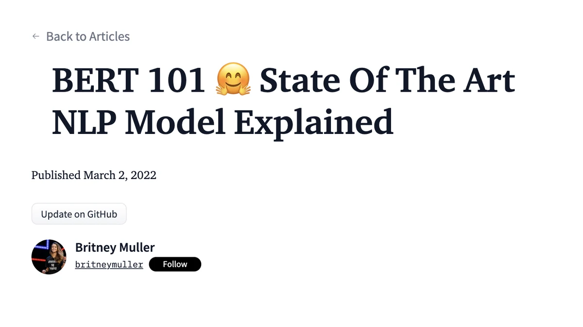 Britney Muller's BERT 101 explainer on Hugging Face, explaining the state of the art NLP model