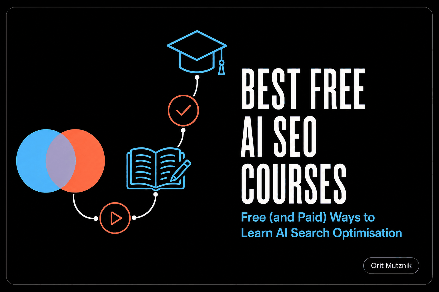 Best Free AI SEO Courses. Free (and paid) ways to learn AI search optimisation. A graduation cap, tick, open book and play button linked in a rising path beside two overlapping blue and coral circles, on a black background