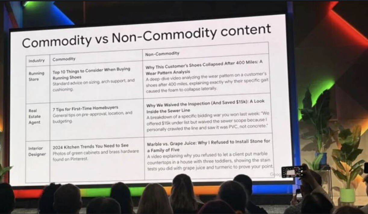 Danny Sullivan's conference slide titled Commodity vs Non-Commodity content. A table with three industries. Running store: commodity is Top 10 Things to Consider When Buying Running Shoes, standard advice on sizing, arch support and cushioning; non-commodity is Why This Customer's Shoes Collapsed After 400 Miles, a wear pattern analysis explaining why a specific gait collapsed the foam laterally. Real estate agent: commodity is 7 Tips for First-Time Homebuyers; non-commodity is Why We Waived the Inspection And Saved $15k, a breakdown of a specific bidding war and crawling the sewer line personally. Interior designer: commodity is 2024 Kitchen Trends You Need to See, photos found on Pinterest; non-commodity is Marble vs Grape Juice, why the designer refused to install stone for a family of five, with stain tests using grape juice and turmeric