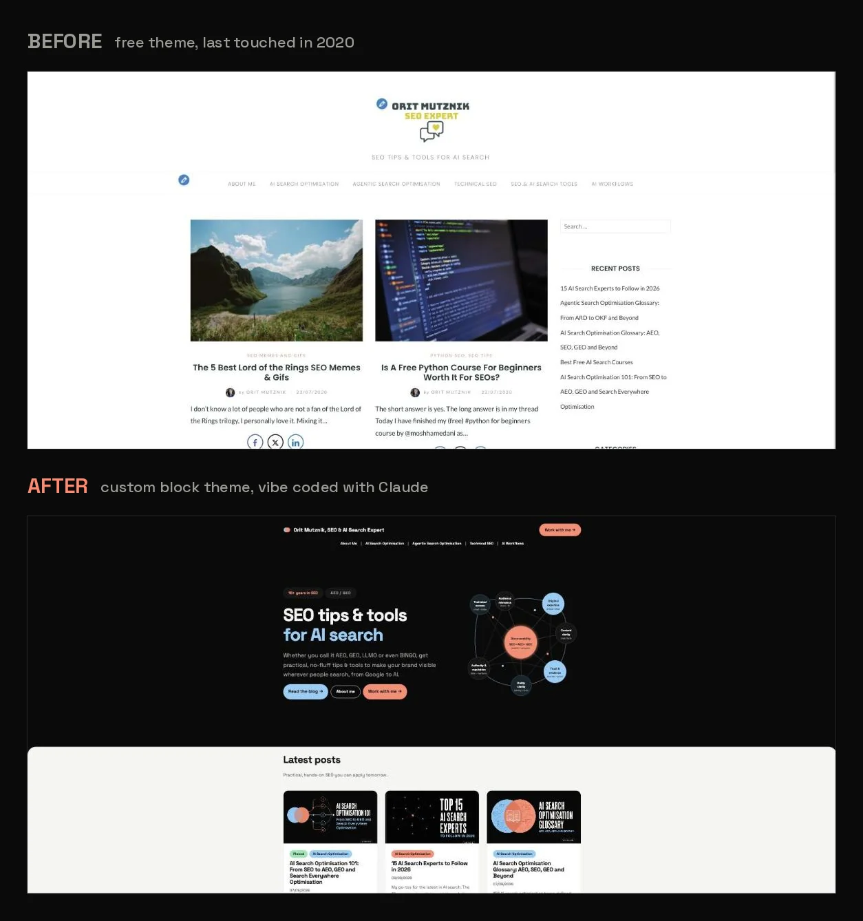 Before and after: The free theme I abandoned in 2020 and the custom block theme I vibe coded with Claude