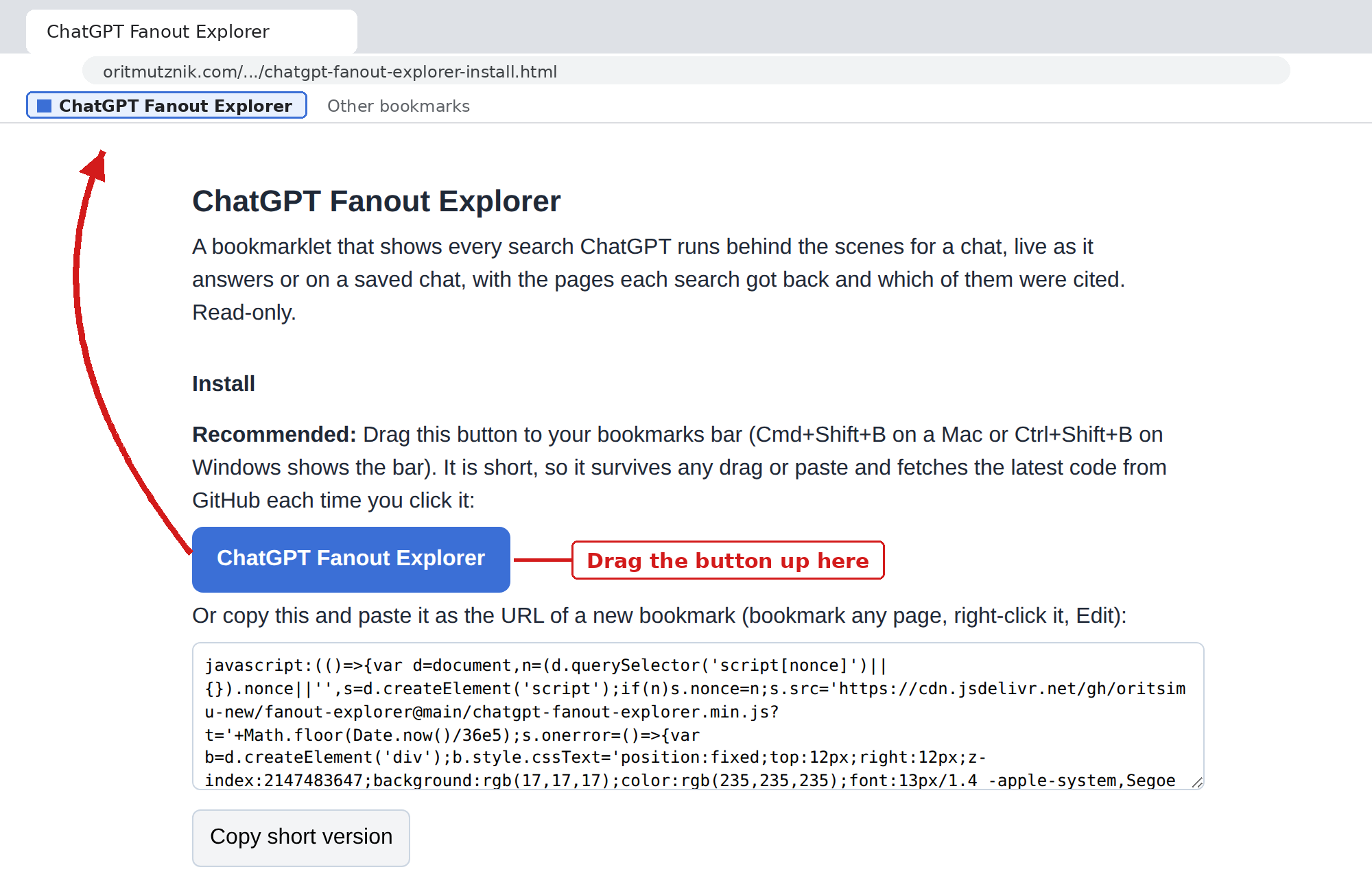 The Fanout Explorer install page with an arrow showing where to drag the button: onto the Chrome bookmarks bar